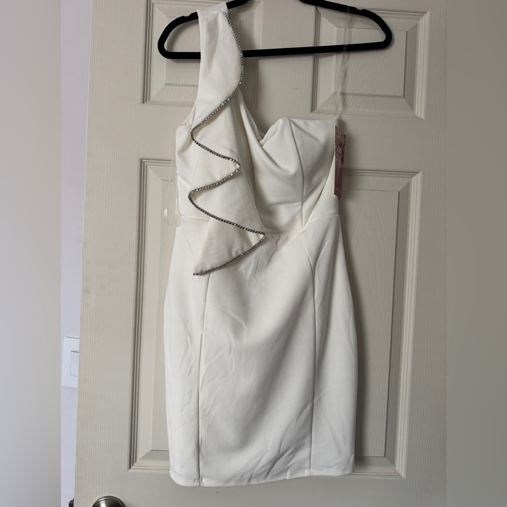 White One-Shoulder Cocktail Dress with Rhinestone Trim